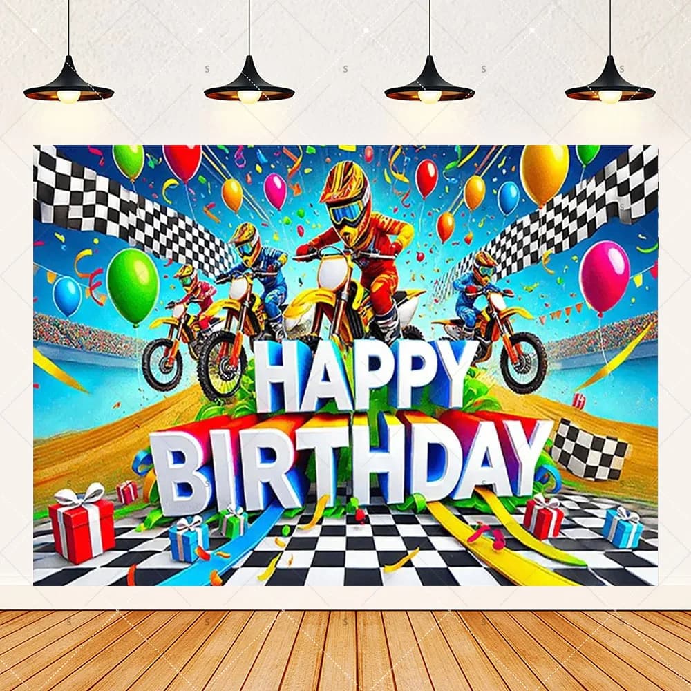 Décorations de fête d'anniversaire sur le thème de course de moto, bannière de fond pour motocyclist