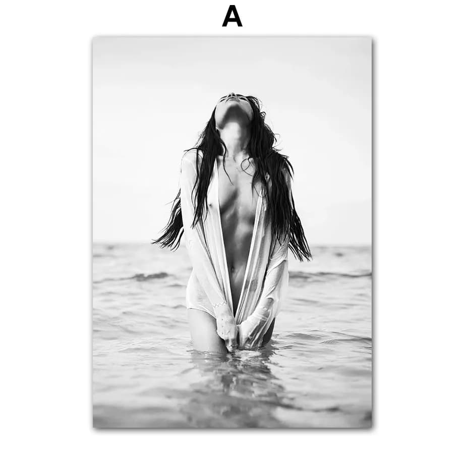 Tableau mural noir et blanc, impression sur toile, paysage marin, affiche, fille à la plage, planche