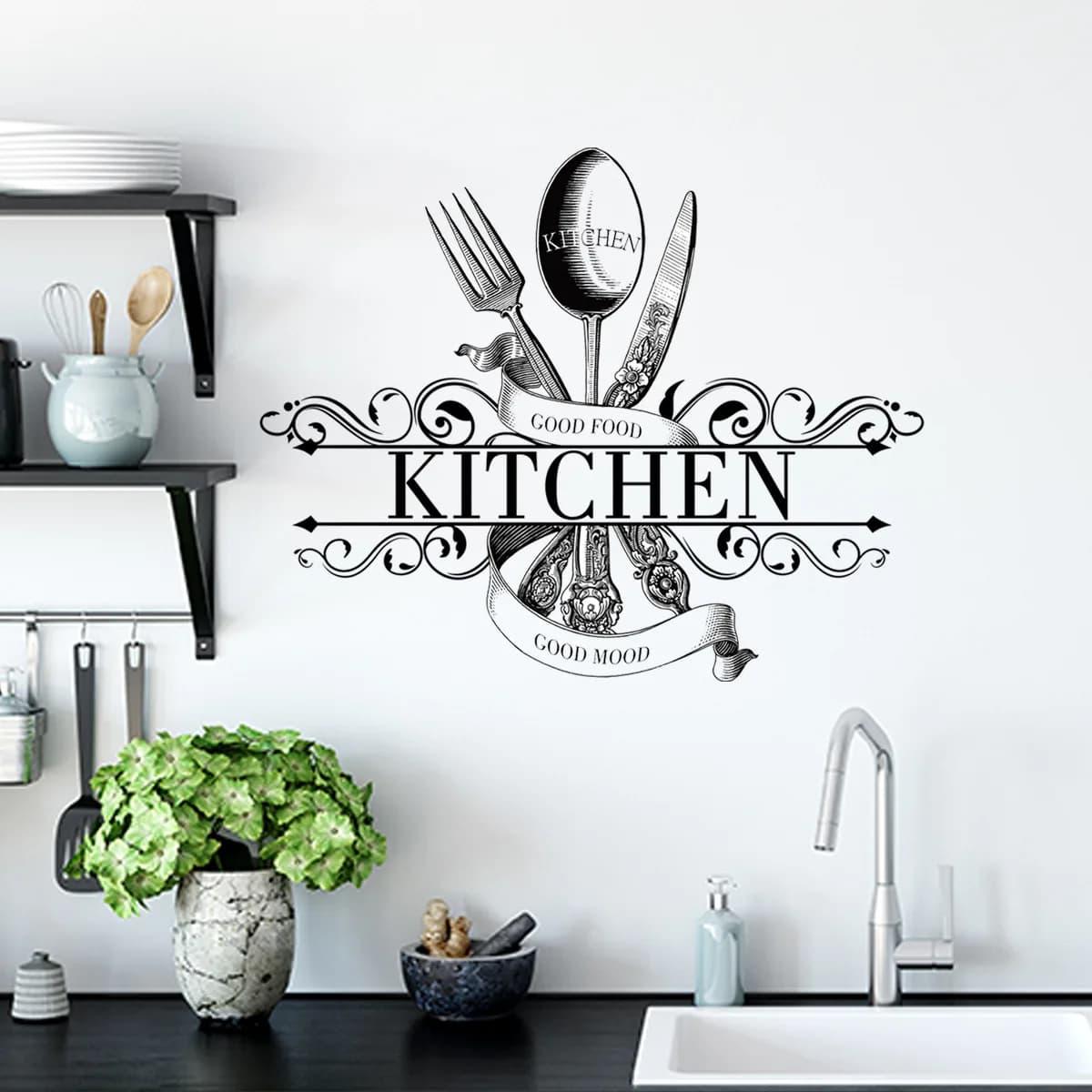 Autocollant mural de cuisine contemporain "GOOD FOOD", autocollant en PVC auto-adhésif et amovible a
