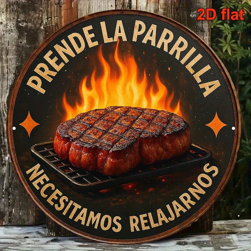 Plaque décorative vintage en aluminium espagnol, ronde, 8x8 pouces, 1 pièce, pour le thème « Asado »