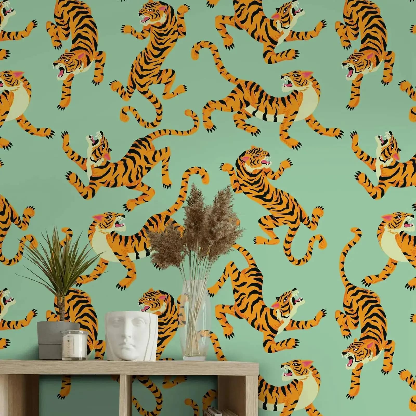 Papier peint tigre, papier peint animal pour la décoration de la pièce, décor mural de fond vert, pa