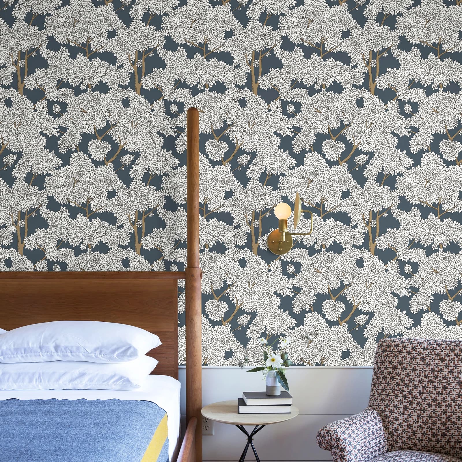Papier peint vinyle autocollant bleu foncé motif forêt, moderne, imperméable et durable, pour la déc