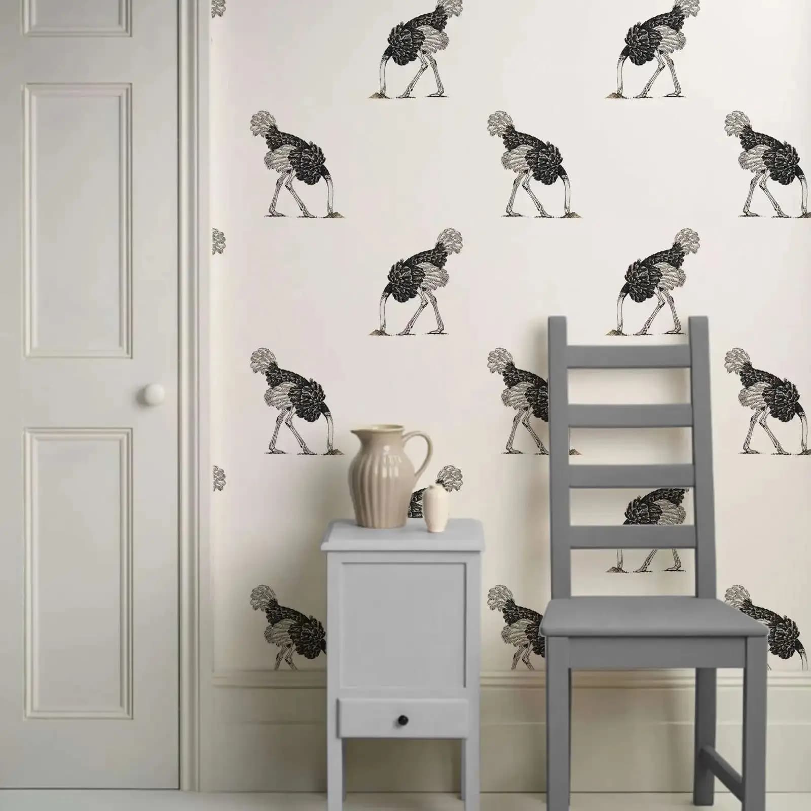 Papier peint animal mignon peler et coller, motif d'autruche noire sur fond blanc, décorations pour 