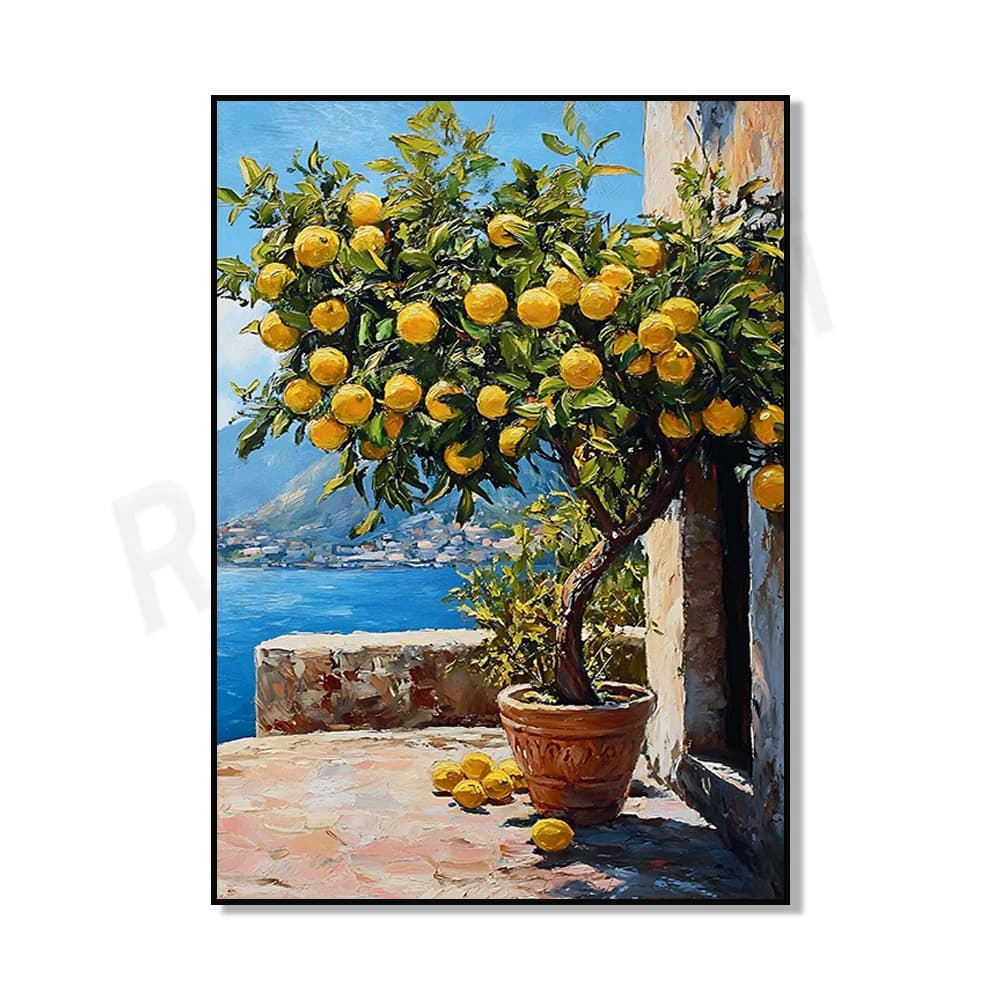 Vue de fenêtre méditerranéenne avec imprimé citron, citrons côtiers, affiche de bord de mer bleue d'