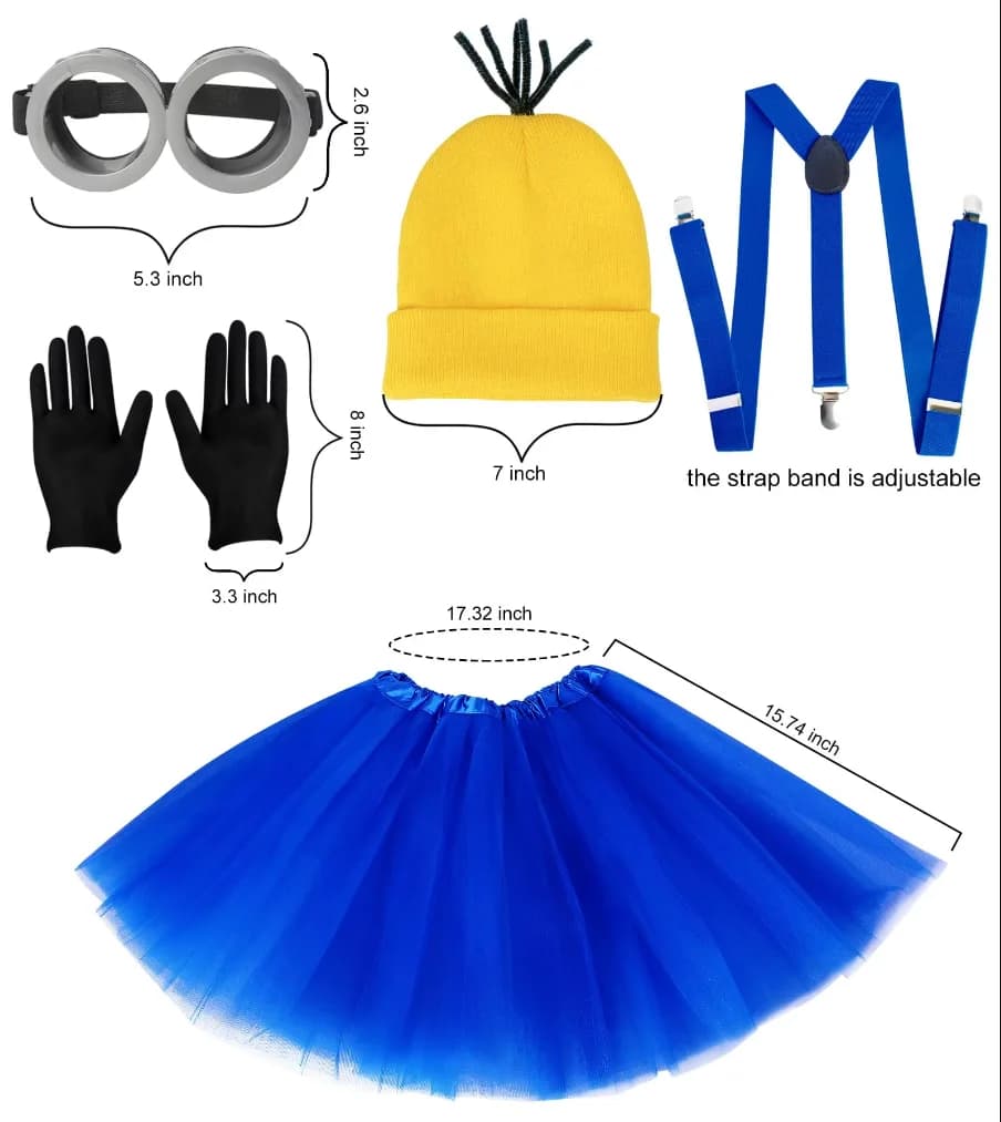 Costume d'Halloween pour femmes adultes, lunettes/bonnet jaune/robe bleue/pingentes/gants, accessoir