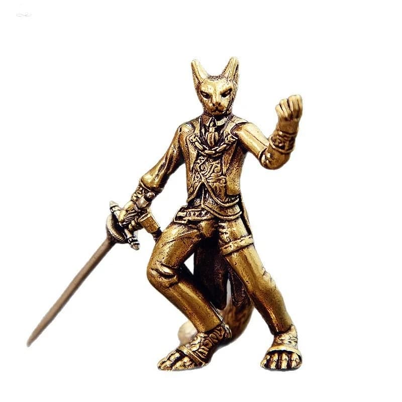 Petite Statue de chat épéiste en laiton, personnages rétro, Figurines miniatures de guerrier, décora