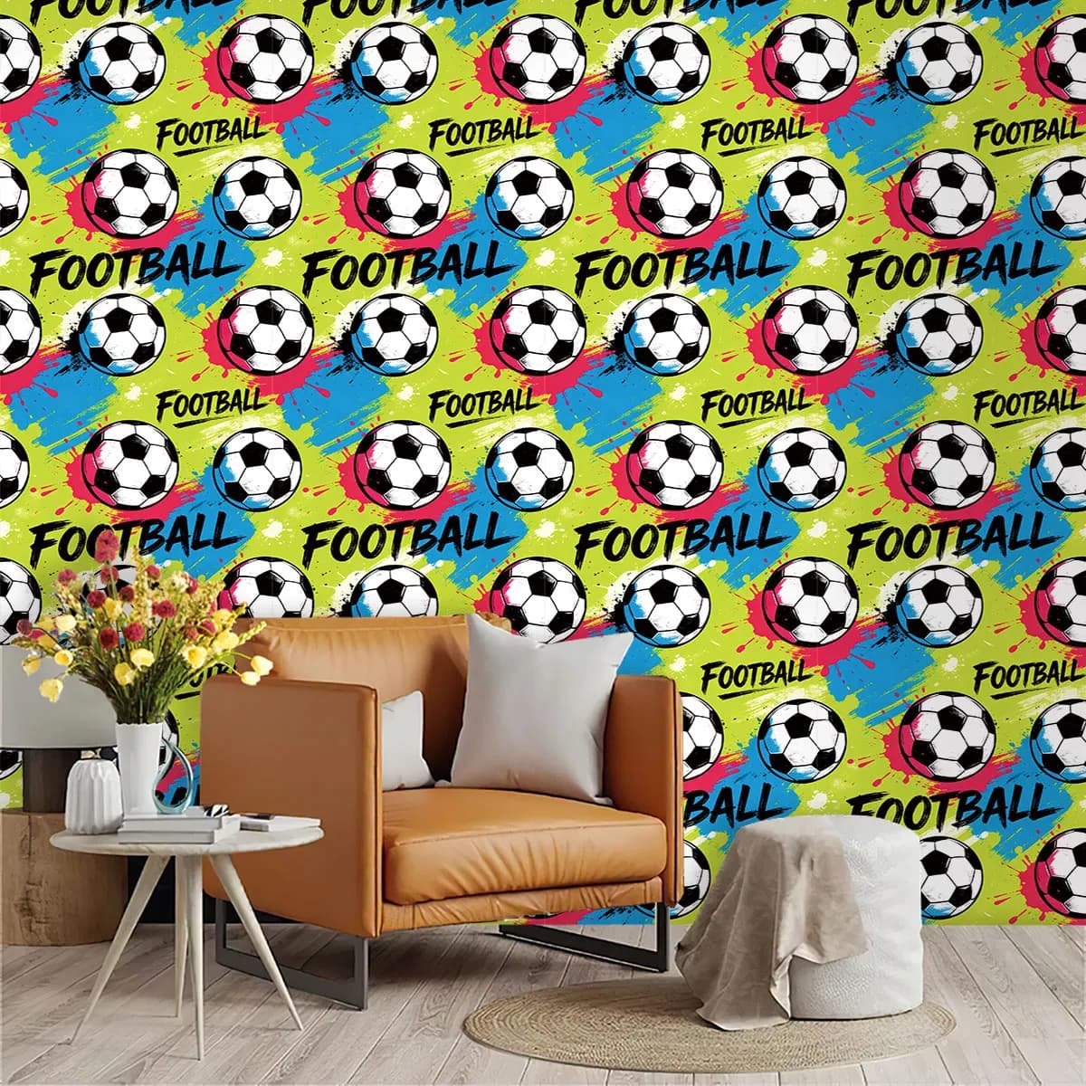 Rouleau de papier peint coloré à motif de football, imprimé répétitif de ballons de soccer, décorati