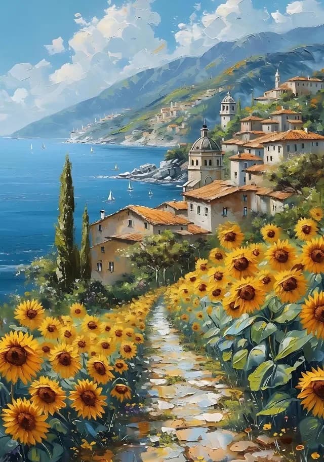 Village méditerranéen bateau côtier bord de mer paysage Floral champ chalet affiche toile peinture i