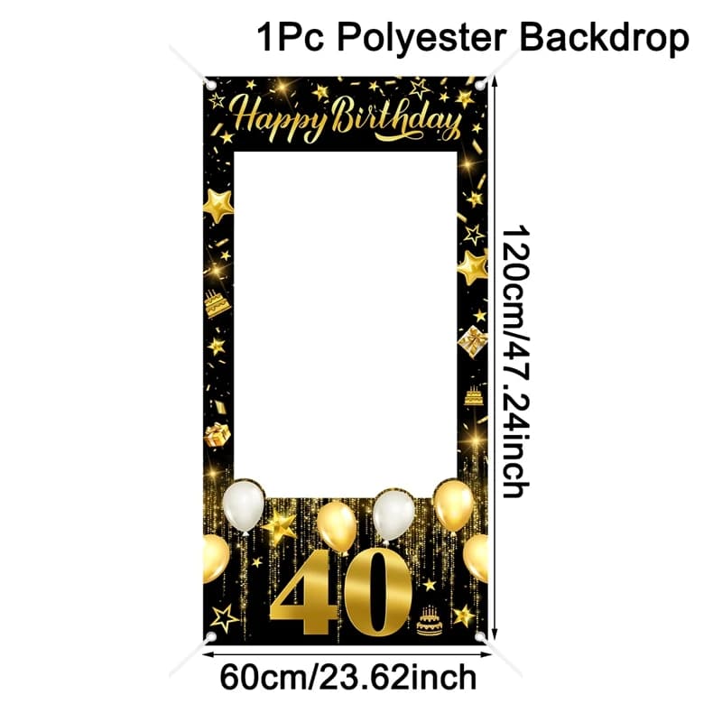 Bannière de cadre photo Joyeux Anniversaire Or et Noir pour 30e, 40e, 50e, 60e Anniversaire – Décora