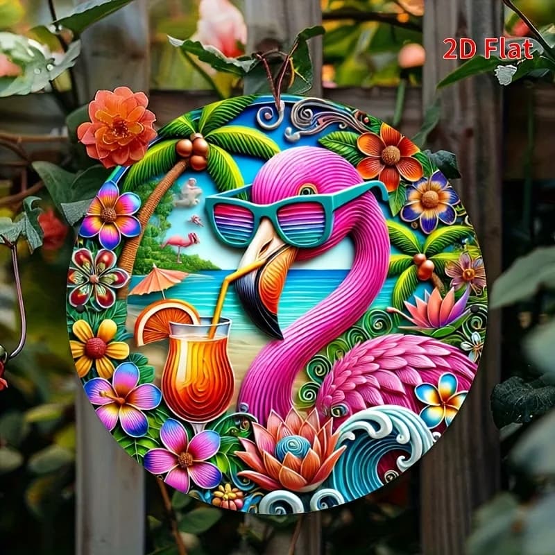 Panneau en étain rond 2D plat, motif flamant rose vintage cool avec lunettes de soleil, thème plage 