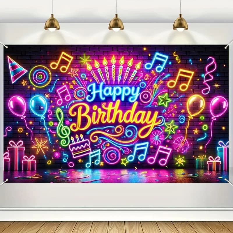 Tissu de fond de fête d'anniversaire avec musique néon avec effets de lumière colorés, adapté aux ac
