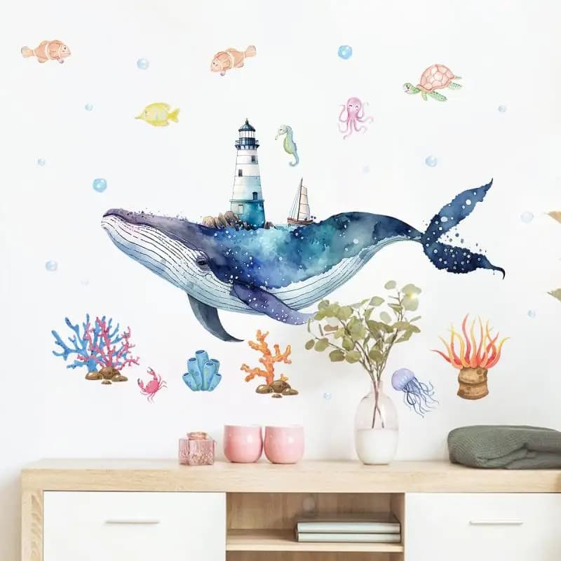 1pc dessin animé mignon baleine mer monde stickers muraux pour chambre d'enfants chambre d'enfants a