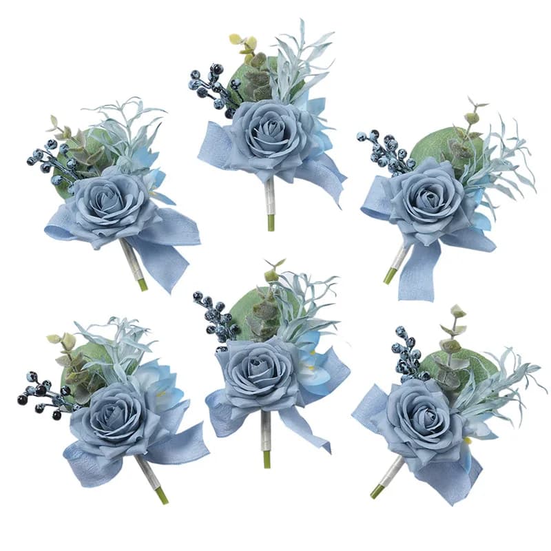 Boutonnière Rose bleu poussiéreux 6 pièces pour garçons d'honneur