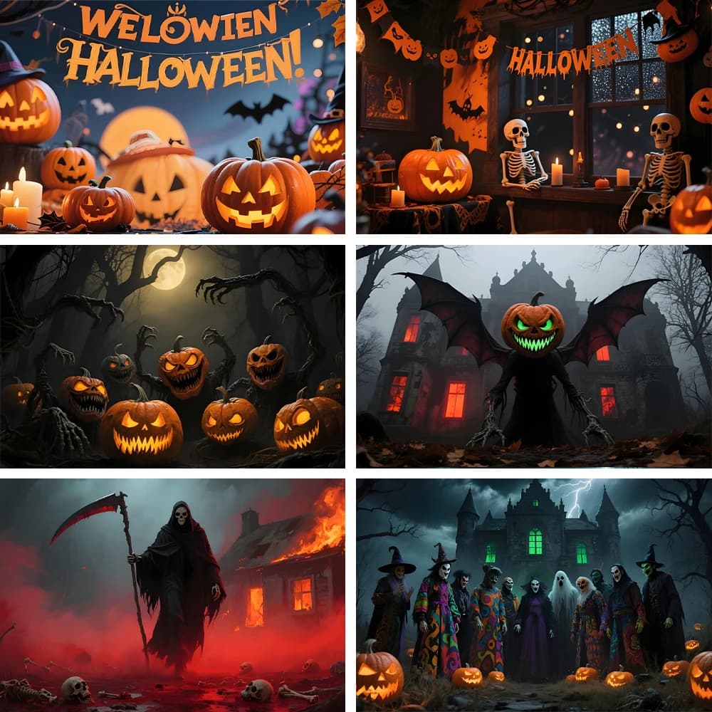Décorations de fête à thème d'halloween, arrière-plan de nuit d'horreur, maison hantée, cimetière effrayante, crâne de sorcière, décor de photographie