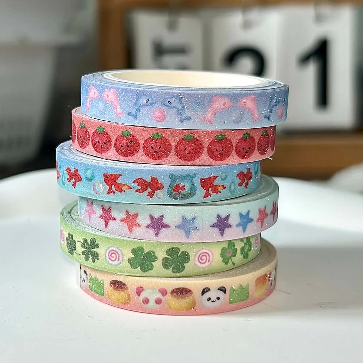 Ruban Washi déco tomate mignon, ruban de masquage trèfle à quatre feuilles Kawaii avec papier de libération, ruban Washi avec Film scintillant enduit de sable