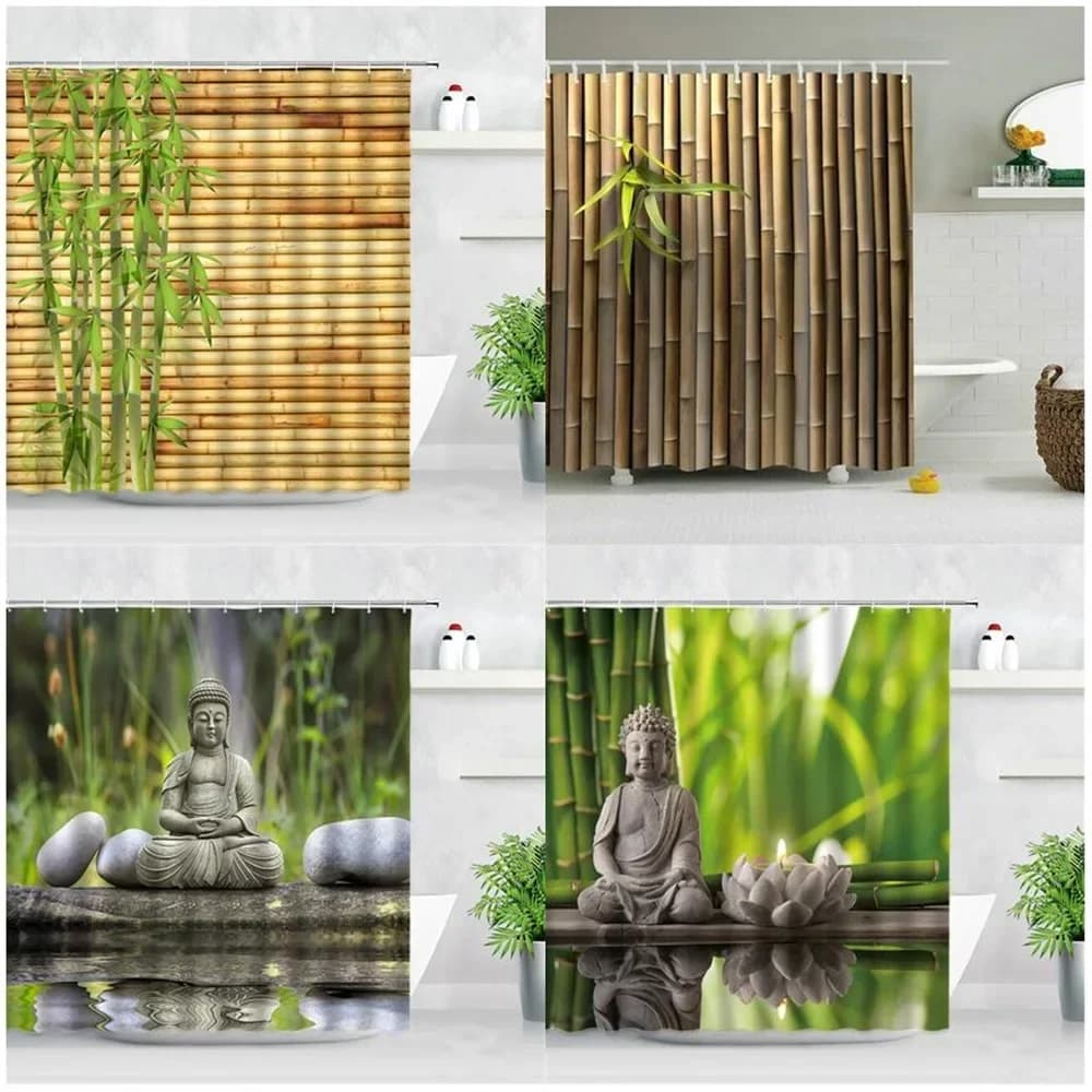 Rideaux de Douche en Bambou Vert Vermont, Bouddha Annie, Pierre, Bougie, Asiatique, Japonais, Spa, Jardin, Paysage, Rideau de Bain, Tissu, Décoration d'intérieur