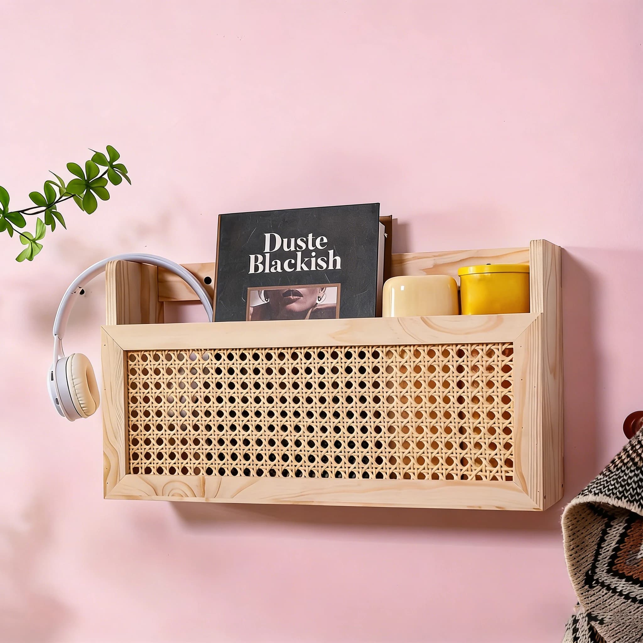 1 boîte de rangement murale de style rustique, porte-revues mural en bois avec détails en rotin tressé, idéal pour l'organisation