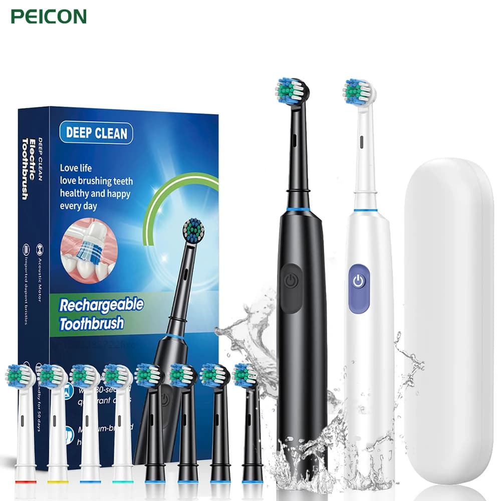 Brosse à dents électrique, nettoyage en profondeur, blanchiment des dents pour adulte, Rotation, brosse à dents ultrasonique avec 4/8 têtes de rechange