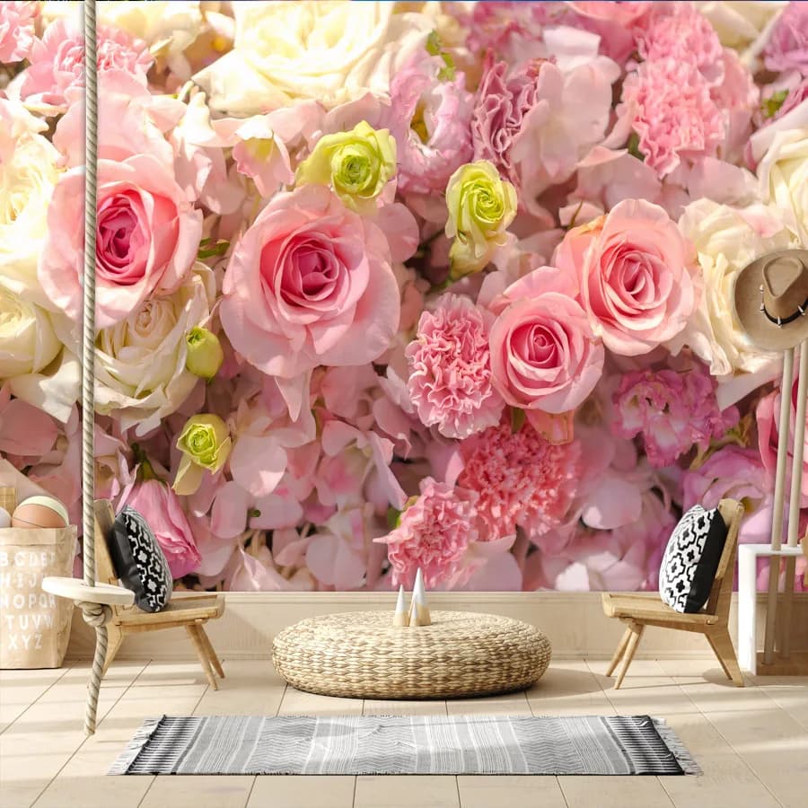 20+ papiers peints féminins pour salon, motif floral naturel rose, fond rose, auto-adhésifs en option, art mural pour murs, lit, décoration intérieure