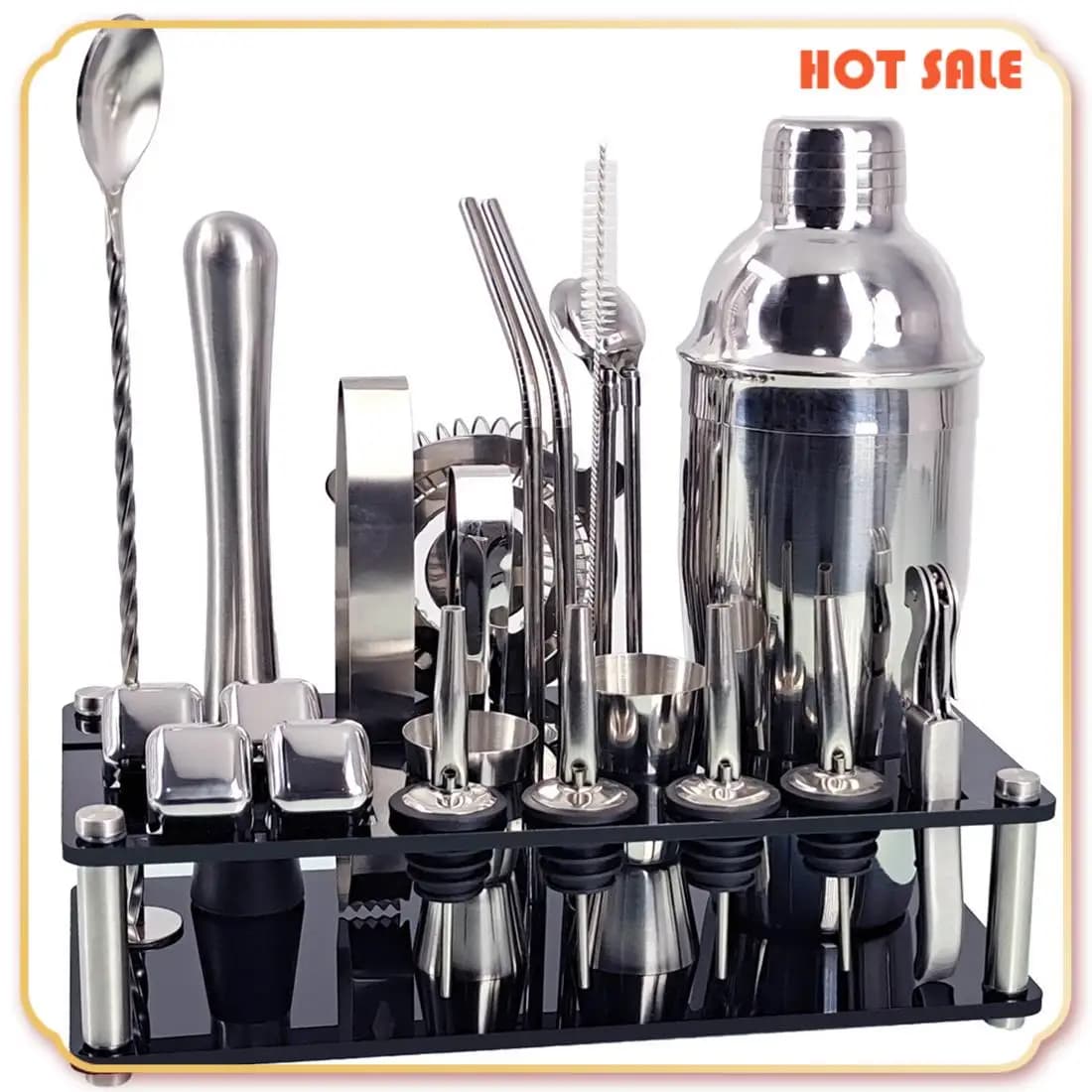 ABFA Kit de barman 23 pièces Shaker à Cocktail ensemble de support acrylique en Grain de glace en acier inoxydable pour boissons