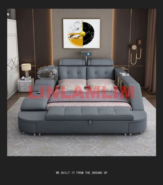 Lit intelligent de luxe rembourré avec étagères, ports USB, commode pliable, tiroirs et rangement intégré dans la tête de lit, tout-en-un