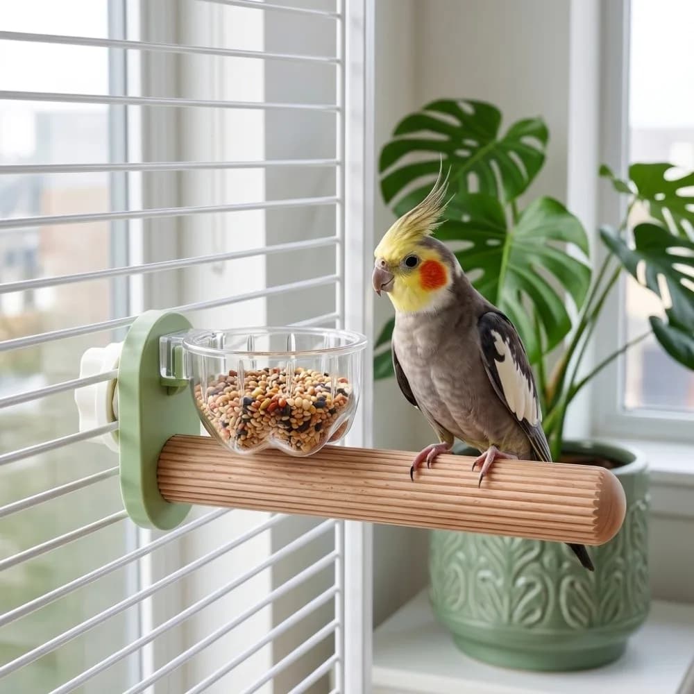 Accessoire pour oiseaux 2 en 1 : Perchoir pour perroquet avec mangeoire en bois, résistant à l'usure et aux morsures, pour usage domestique