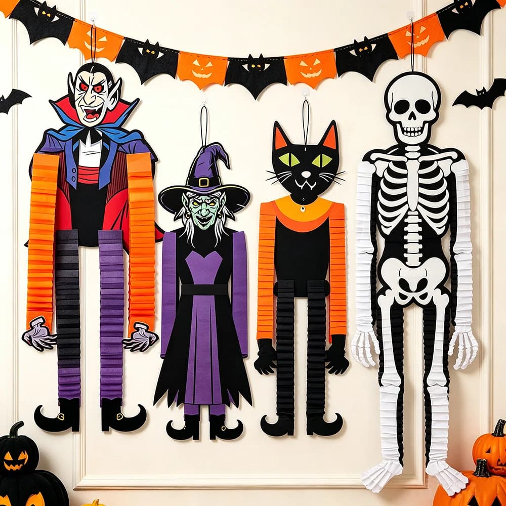 Décorations suspendues d'Halloween : vampire, sorcière, chat, citrouille, squelette – Ornements pour fêtes d'Halloween intérieures et extérieures, décorations murales et de porte