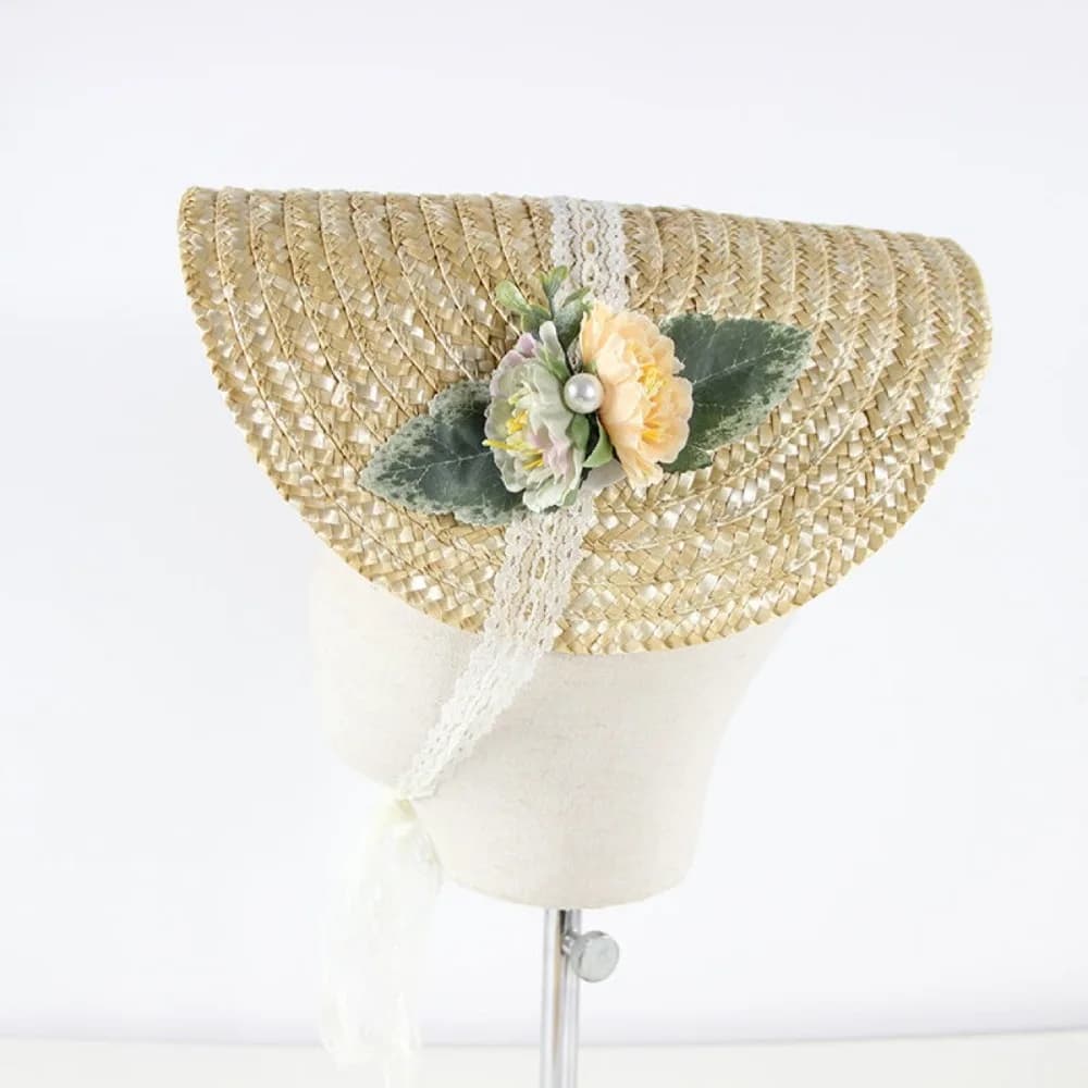 Chapeau de paille Lolita de style français pour filles, doux, à lacets, fait à la main, accessoires pour cheveux, bonnet victorien, chapeau plat