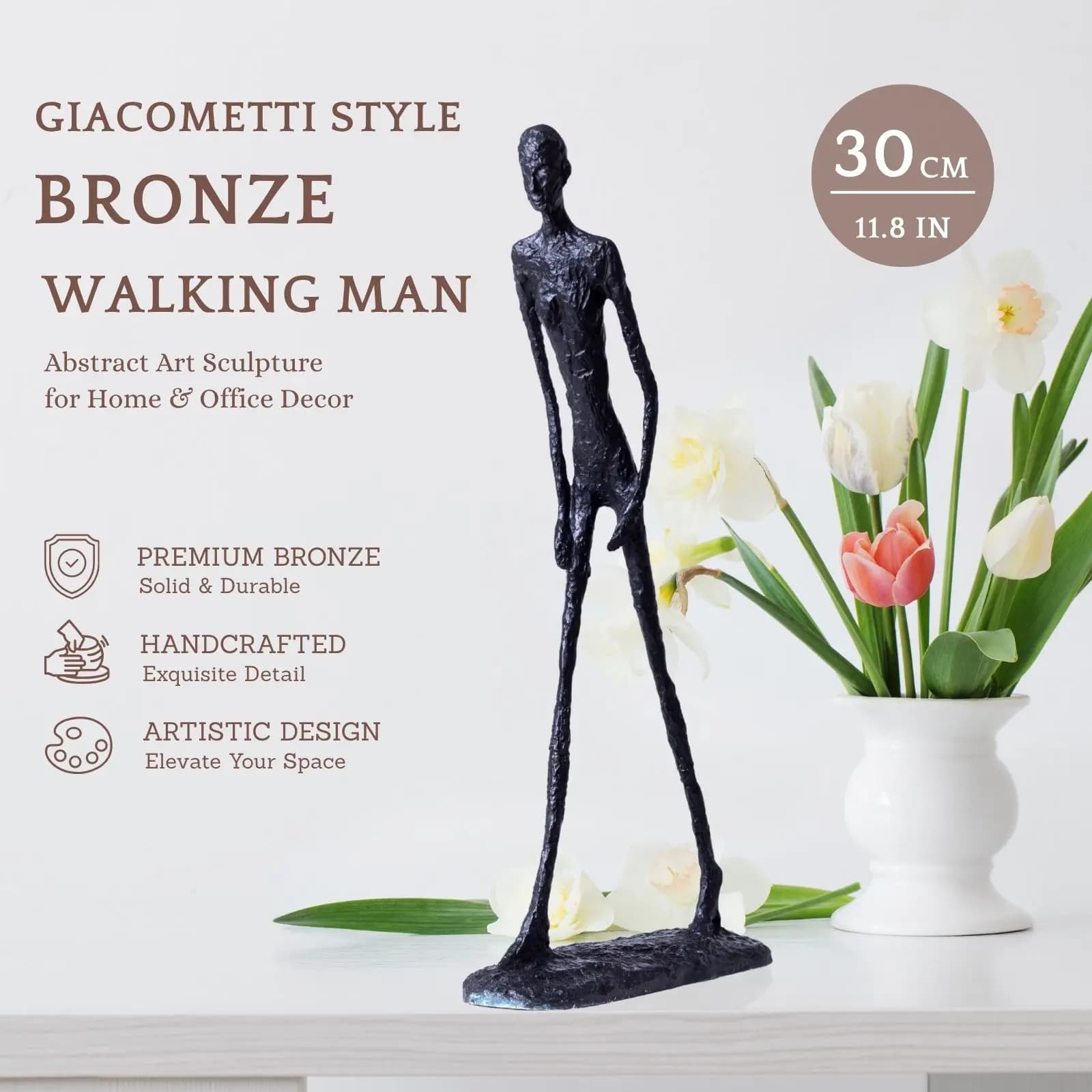 Sculpture de homme marchant en bronze, 30 cm, style Giacometti, statue abstraite – Figurine d'art en métal, objet de collection, décoration pour la maison ou le bureau, cadeau