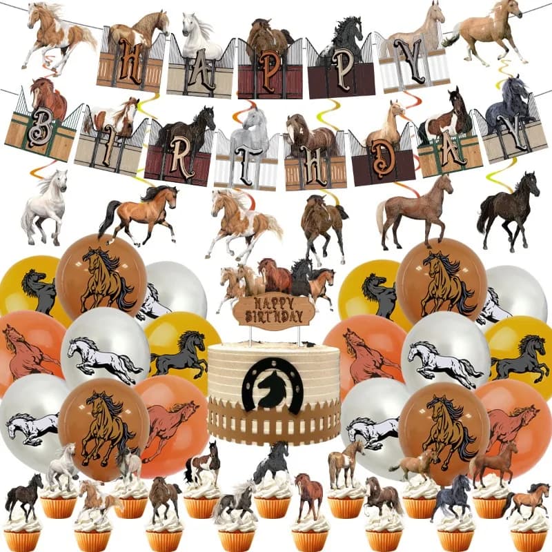 Fournitures de fête d'anniversaire cheval, bannière joyeux anniversaire, garniture de gâteau Chi, ballons, décorations cheval pour enfants et adultes