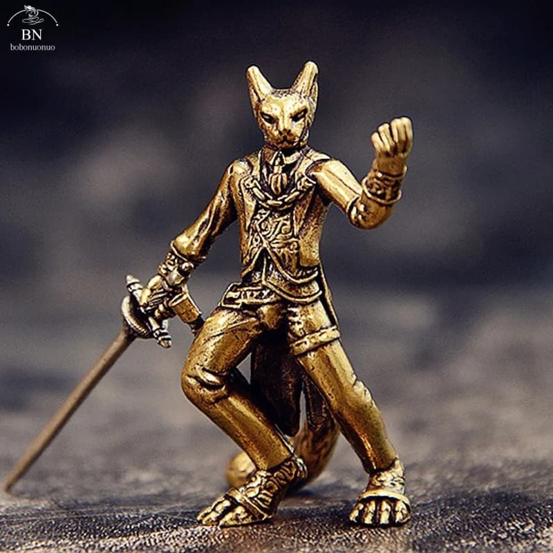 Petite Statue de chat épéiste en laiton, personnages rétro, Figurines miniatures de guerrier, décorations de bureau, artisanat, décorations pour la maison, ornements