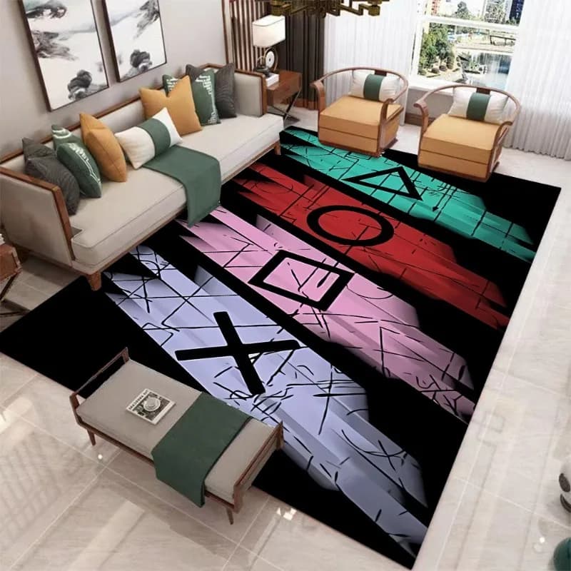 Tapis de salon sur le thème des jeux vidéo, géométrique, néon, futuriste, décoration de la maison pour les joueurs, tapis doux antidérapant pour la zone de jeu