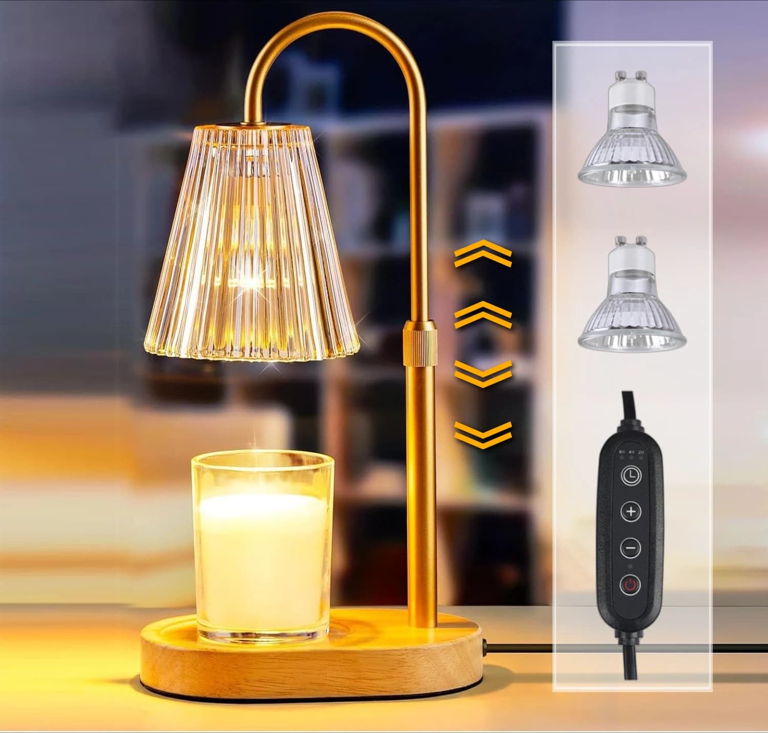 Lampe chauffe-bougie vintage avec minuterie et 2 ampoules chauffe-cire électrique réglable lumière chauffante sans flamme pour bougie en pot parfumé