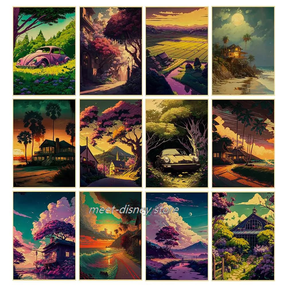 Affiche de paysage de crépuscule de forêt de bord de mer, papier kraft, autocollants muraux de toile, salon, bar, chambre à coucher, art, décor à la maison