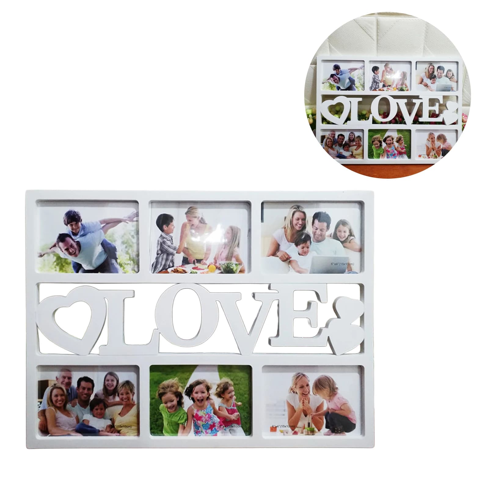 Cadre photo créatif à 6 emplacements pour décoration murale, avec ouvertures multiples, design familial et lettres d'amour entrelacées, art mural
