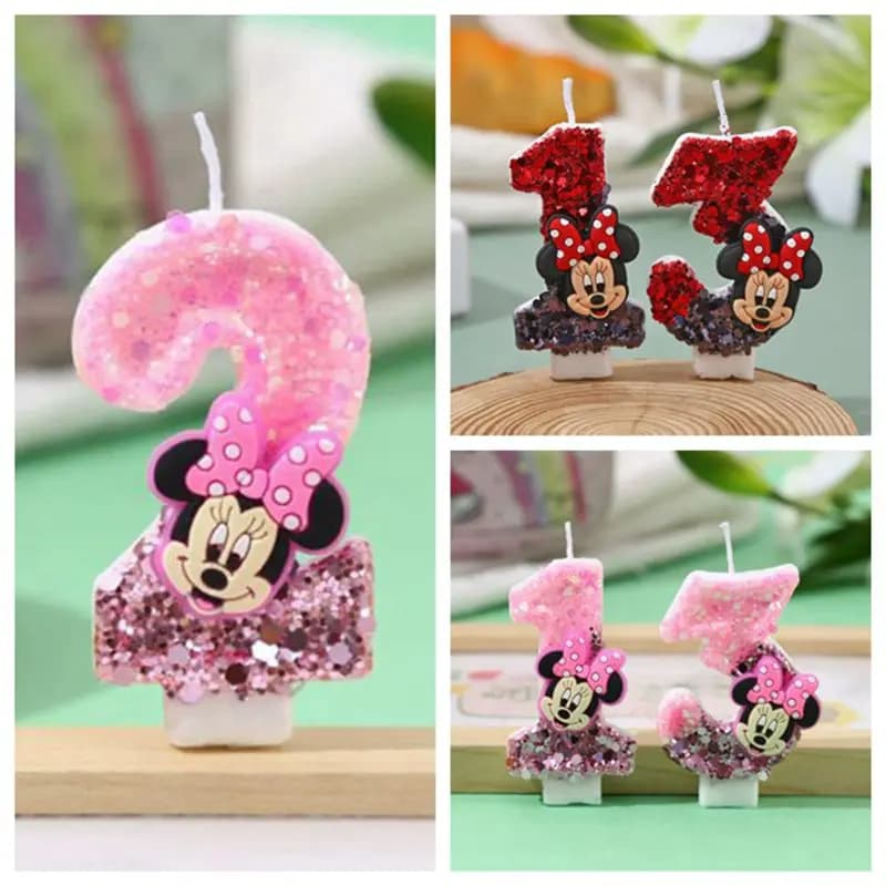 Bougies d'anniversaire Mickey Minnie Mouse à paillettes roses 0-9, décoration de gâteau de dessin animé Cupcake, décoration de fête, fournitures cadeaux DIY