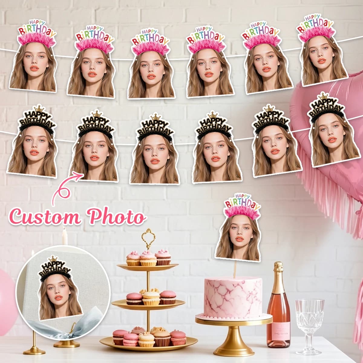 Bannière photo personnalisée pour couronne d'anniversaire, décorations personnalisées pour le fond de fête d'anniversaire, bannière suspendue sur mesure