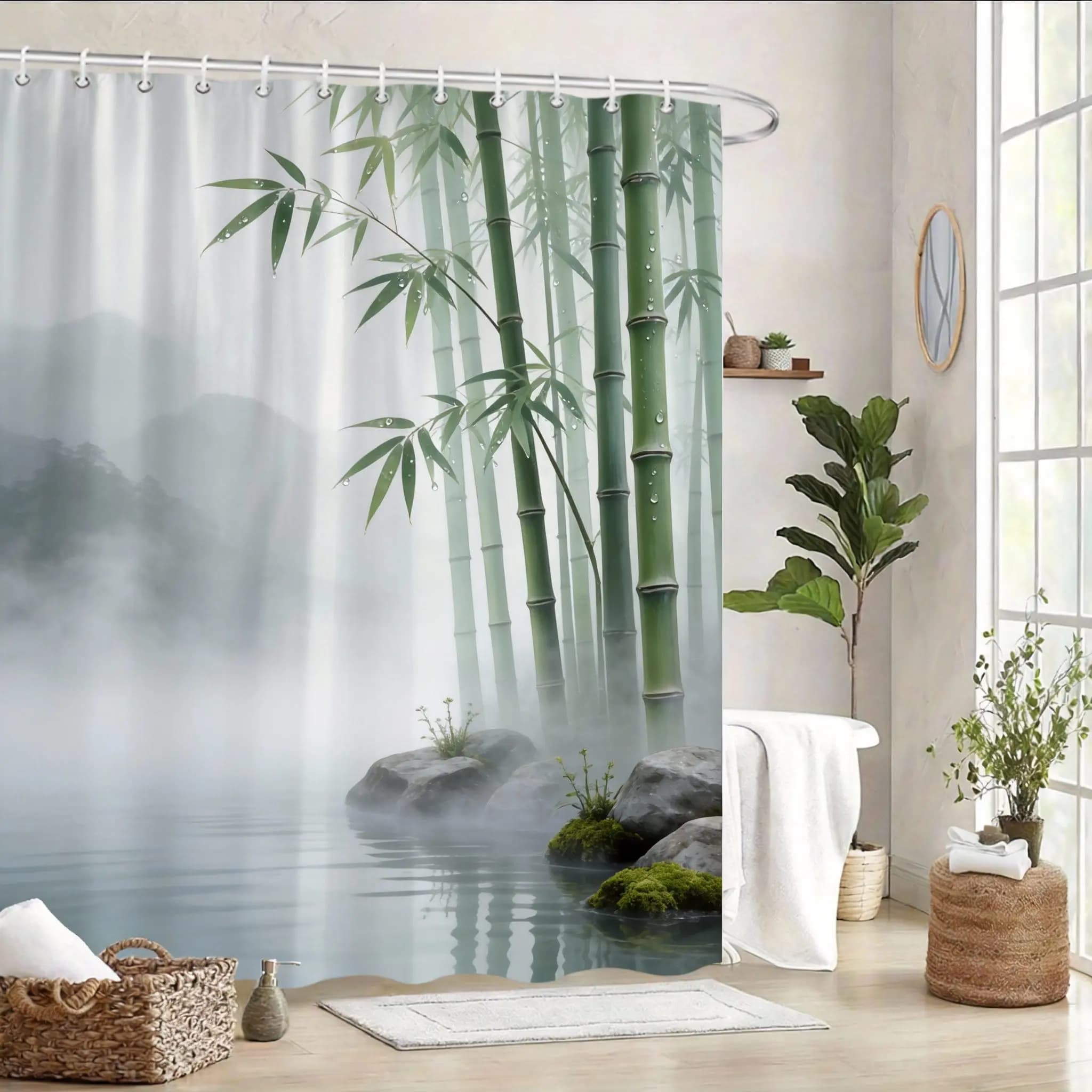 Rideau de douche Zen Bamboo 180x180cm – Design forêt minimaliste, décoration apaisante pour salle de bain, cadeau, 12 crochets