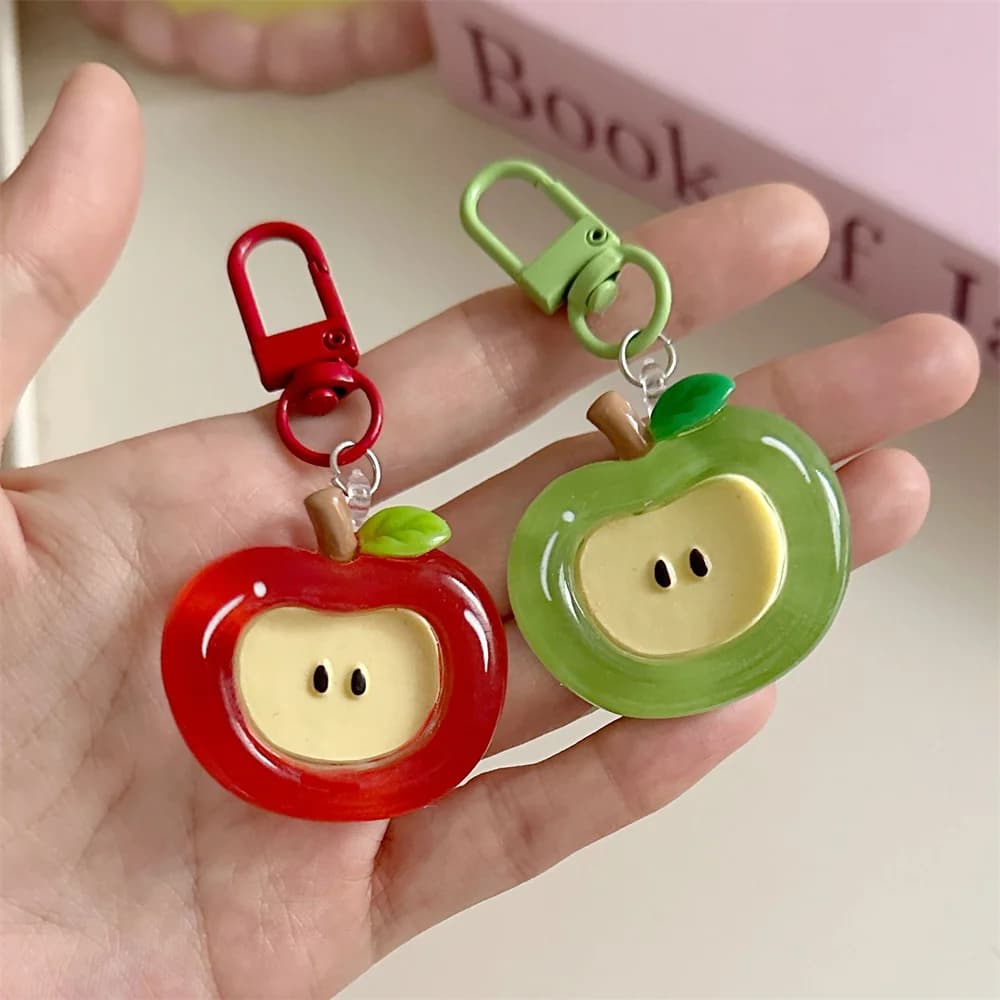 1/2 pièces dessin animé pomme rouge vert mignon porte-clés pour les femmes belle acrylique pomme forme sac décoratif pendentif téléphone porte-clés cadeaux