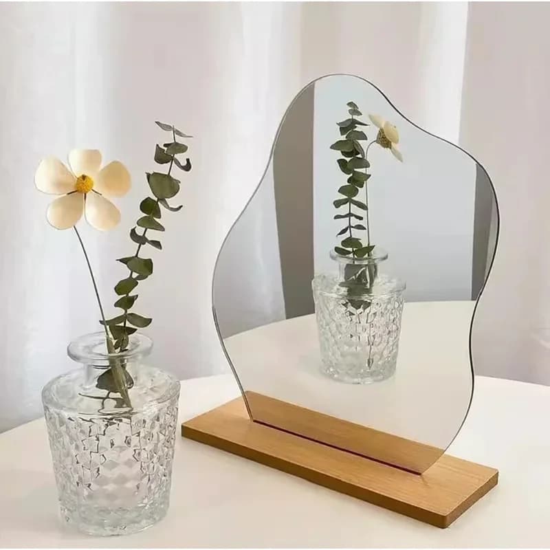 Miroir décoratif, Base en bois acrylique, miroir de maquillage irrégulier minimaliste, miroir de vanité de chambre à coucher, cosmétiques de beauté