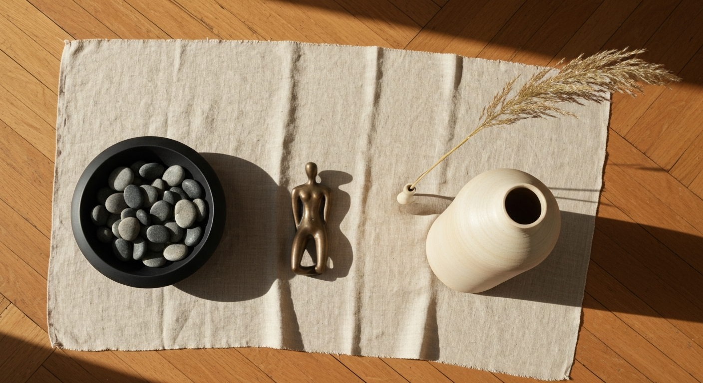 Triade d'objets décoratifs sur lin brut, vue plongeante