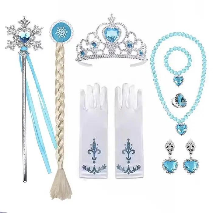 Robe de princesse Elsa Disney pour filles, blanche, imprimée, manches longues, en dentelle, ensemble