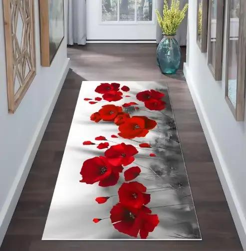 Tapis à fleurs de coquelicot rouge, style Art Déco, tapis de couloir, tapis de zone, tapis botanique