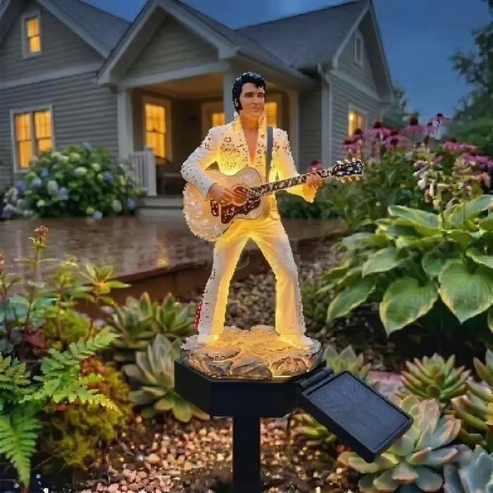 Statue de jardin solaire Elvis, statue de chanteur rock vintage, lumière LED chaude, imperméable, dé