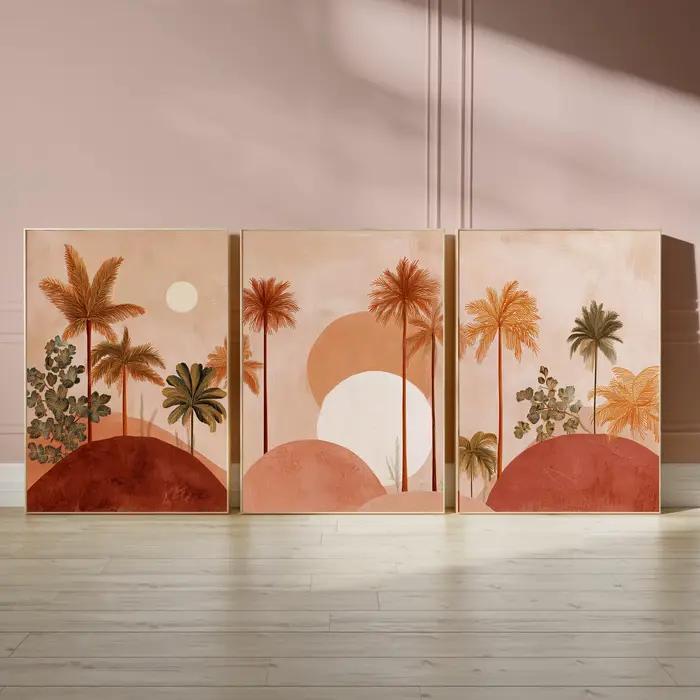 Ensemble d'art mural Boho en terre cuite avec palmiers, impressions sur toile abstraites de coucher