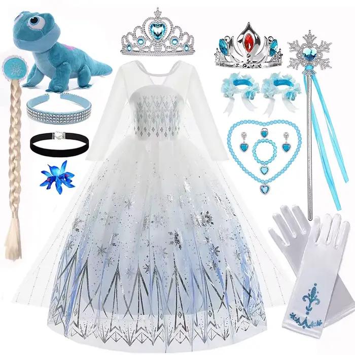 Robe de princesse Elsa Disney pour filles, blanche, imprimée, manches longues, en dentelle, ensemble cadeau de fête Festive, robe la reine des neiges, esprit de feu Olaf