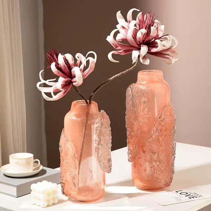 Vase en verre rose, relief abstrait irrégulier de cubes de glace transparents, vase à fleurs, terrarium, pot de fleurs, accessoires de décoration pour la maison