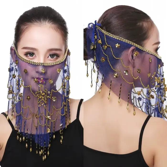 Couleur bleu lac avec perles mascarade fête danse du ventre voiles visage voile Costumes maille visage voile indien danse du ventre voile