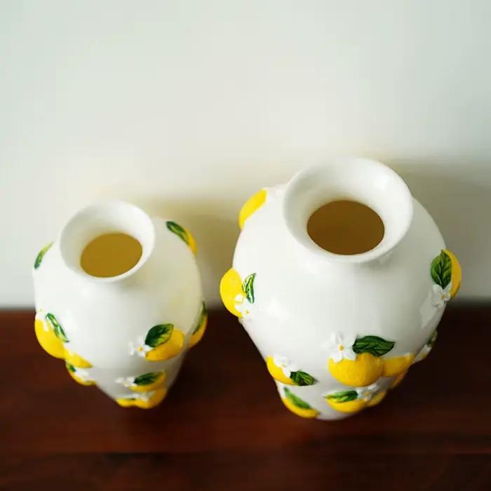 Vase en céramique, sculpture en relief de citron tridimensionnelle, vase à fleurs, accessoires pour arrangements floraux, artisanat en céramique, vases