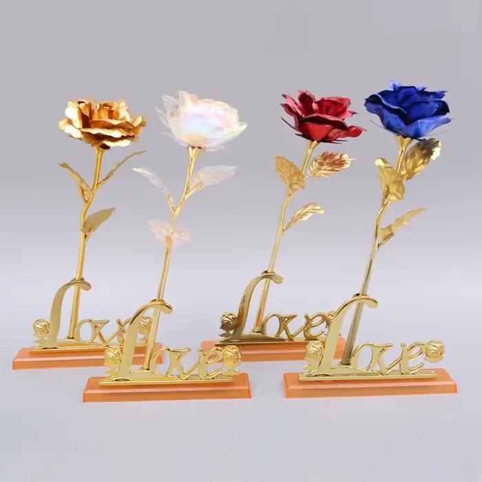Rose romantique avec base plaquée feuille d'or 24 carats Saint Valentin cadeau créatif décor de fête de mariage Roses amour fleur éternelle
